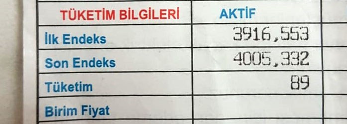 Elektrik faturası endeks örneği