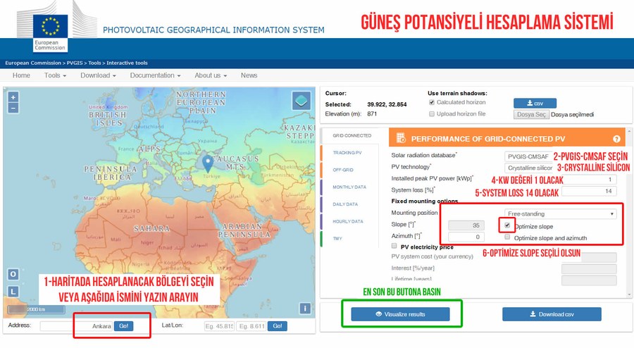PVGIS güneş potansiyeli hesaplama aracı giriş ekranı